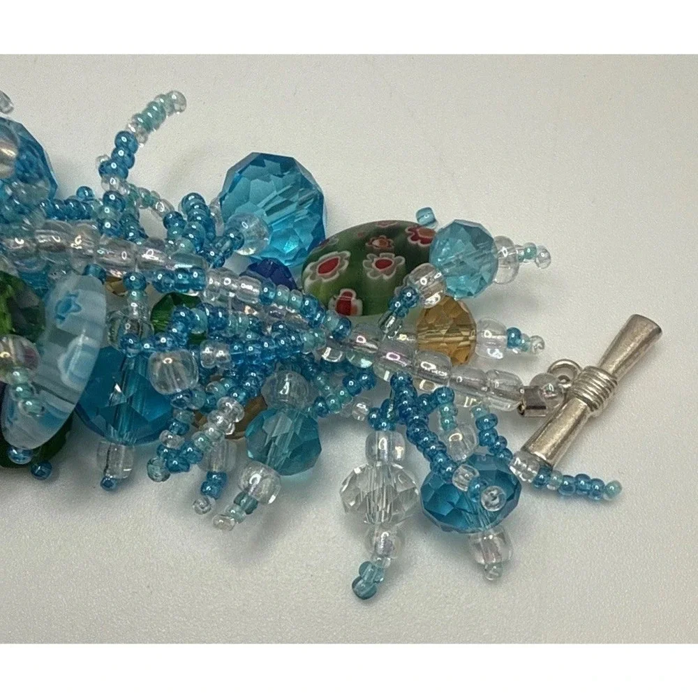 Vintage Murano Millefiori Glass Bead Cluster Bracelet Shaggy Loop Boho Teal Blue